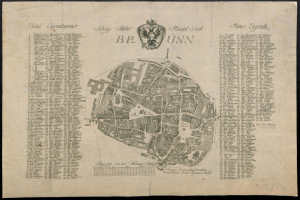 Detaillierte alte Karte von Berlin, Deutschland, mit Straßen, Gebäuden und Sehenswürdigkeiten auf einem schwarzen Hintergrund, begleitet von Textbeschriftungen.