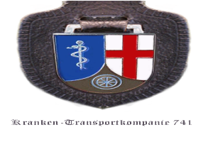 Ein Abzeichen mit einem roten, weißen und blauen Schildemblem des deutschen Verkehrsunternehmens 741 und darunterem Text.