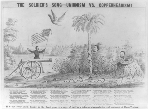 Plakat zeigt Person auf Kanone stehend, eine Fahne haltend, umgeben von Bäumen, Pflanzen und einer Schlange, mit der Aufschrift "The Soldier's Song - Unionism vs Copperheadism."