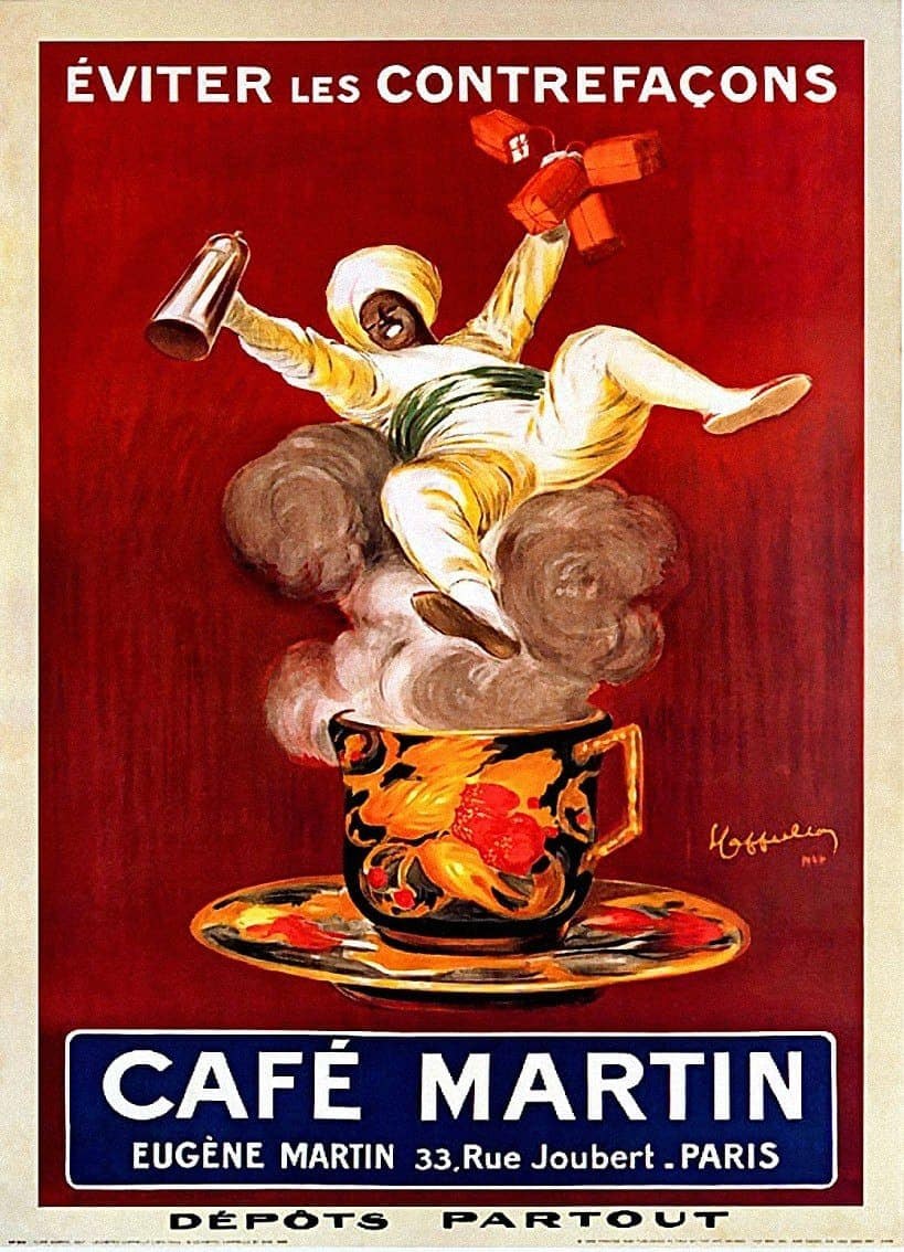 Plakat für Café Martin in Paris mit einer Person, die eine Tasse Kaffee hält, mit fetter Schrift "Café Martin" darüber.