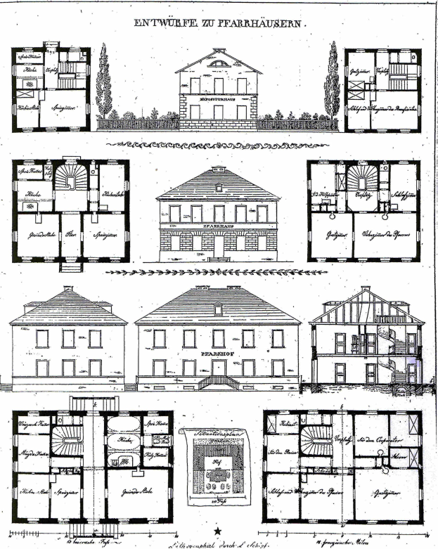Schwarze und weiße architektonische Zeichnung eines Hauses mit vielen Fenstern, beschriftet mit "Pläne für ein Haus in Deutschland", umgeben von Bäumen.