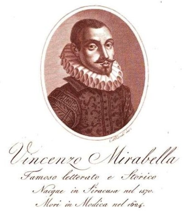 Porträt von Vincento Mirabella, einem berühmten italienischen Dichter, der eine Rüschenkrone trägt und vor einem weißen Hintergrund posiert, mit italienischem Text unten.