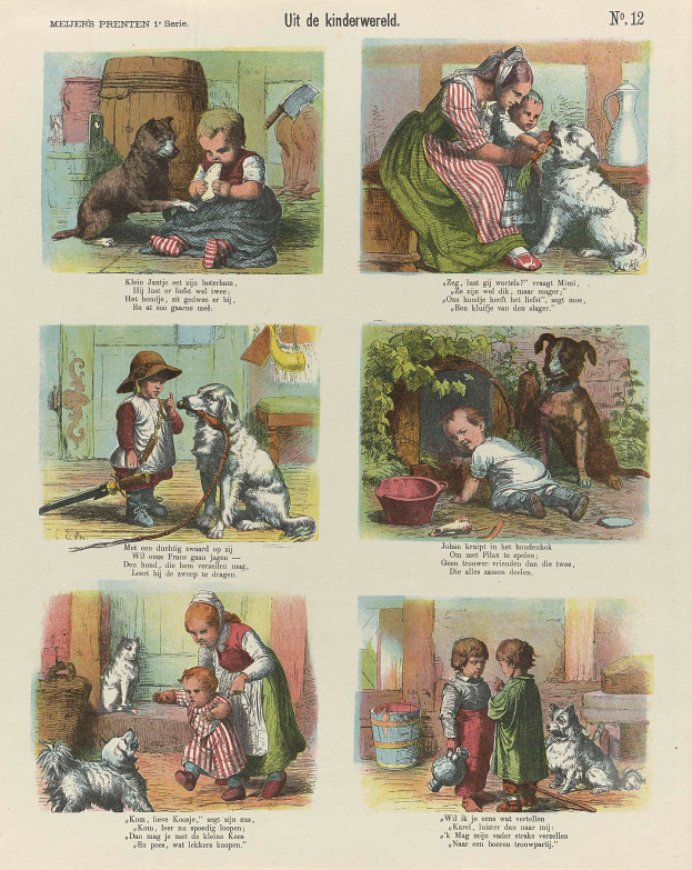 Ein Buchseitenbild mit Fotos von Kindern in bunten Kleidern und verschiedenen Hunderassen, mit Kursivtext umgeben von einem dekorativen Rahmen.