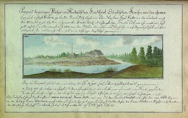 Ein altes Buch mit dem Titel "Deutsche Landschaften, Landschaft und Landschaft Deutschlands, 18. Jahrhundert" mit einer Illustration eines Flusses, eines Hauses, Bäume, Gras und einem bewölkten Himmel.