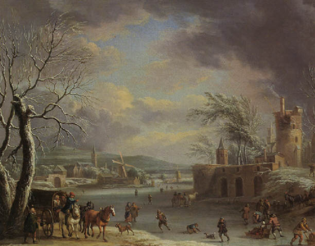 Eine Winterlandschaft mit Figuren, die auf einem zugefrorenen Fluss Schlittschuh laufen, umgeben von Bäumen, Gebäuden, Hügeln und Wolken am Himmel, mit Tieren und Karren, die über die Szene verstreut sind.