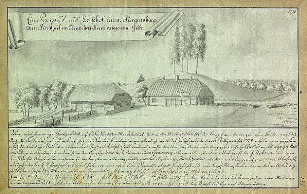 Ein historisches Dokument mit dem Titel "Surgensburg, Deutschland - Landschaft einer Farm", das eine ländliche Szene mit einem Farmhaus, Feldern, verstreuten Häusern, Bäumen und einem bewölkten Himmel zeigt.