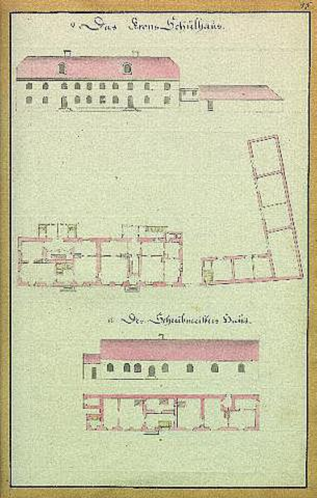 Eine Zeichnung eines mehrfenstrigen Gebäudes mit einer Leiter, identifiziert als Schloss Schilbau, ein Gefängnis in Deutschland, begleitet von beschreibendem Text auf dem Papier.