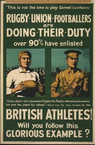 Plakat mit zwei Rugbyspielern in Uniform, Text gibt an über 90% der britischen Athleten sind für den Dienst eingeteilt.