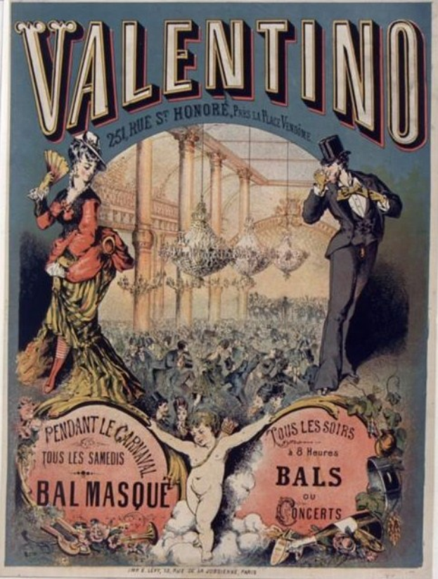 Ein Plakat, das eine Valentinstagsparty in Paris ankündigt, zeigt einen Mann in Zylinder und eine Frau in einem langen Kleid nebeneinanderstehend, mit Veranstaltungseinzelheiten darauf geschrieben.