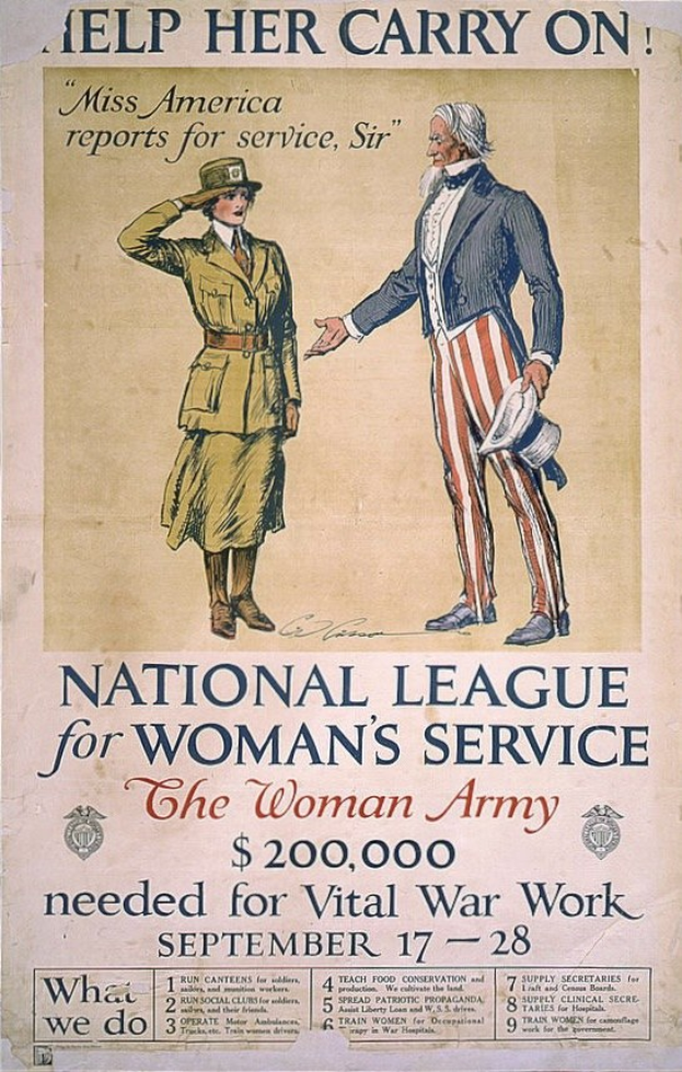 Plakat für den Nationalen Verband für Frauenhilfe mit zwei Personen nebeneinander und Text mit Informationen über die Organisation und ihre Mission.