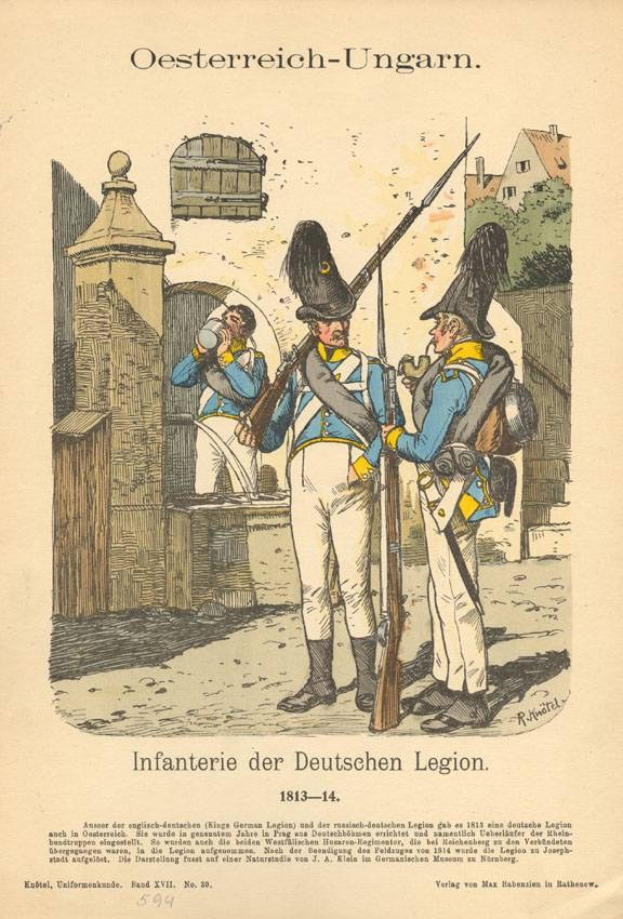 An old book page featuring a drawing of two uniformed men, one holding a gun, with a wall, trees, and buildings in the background, and the text "Infanterie der Deutschen Legion 1813-14".