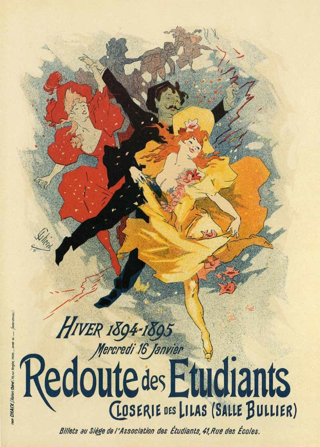 Buntes Plakat für den Redoute des Etudiants-Klassischen Tanz von 1894-1895, das eine Gruppe von Menschen zeigt, die im Kreis tanzen, mit fetter Titel-Überschrift darüber, sowie Veranstalterdetails und Performer-Namen.