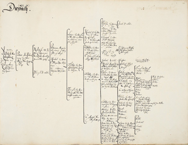 Offenes Buch mit handgeschriebenem genealogischen Familienbaum der deutschen Familie, gefüllt mit detaillierten Ahneninformationen.
