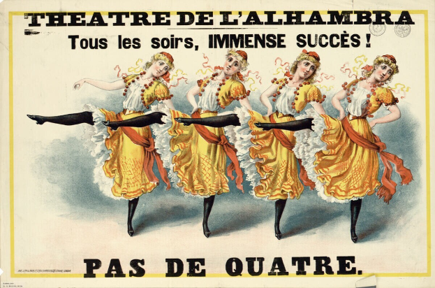Ein Plakat für das Theatre de l'Alhambra in Paris, Frankreich, das eine Gruppe von Frauen in bunten Kleidern tanzt.