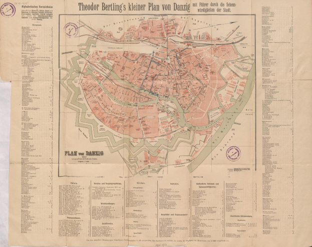 Ein detaillierter alter Stadtplan von Berlin auf Papier, der Straßen, Gebäude und Sehenswürdigkeiten zeigt, mit zusätzlichem Text zur Information.