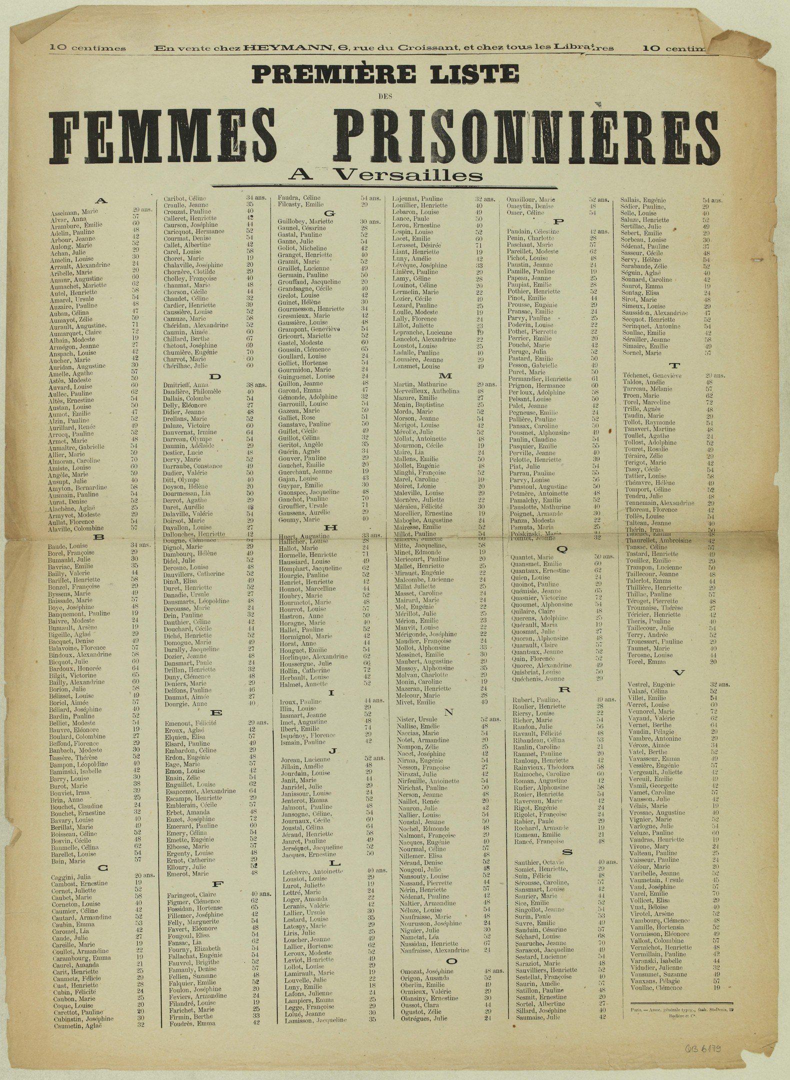 Ein altes, vergilbtes Buch mit einer Liste von Frauenhäftlingsnamen in zwei Spalten, mit schwarzer Tinte auf brüchigem Papier.