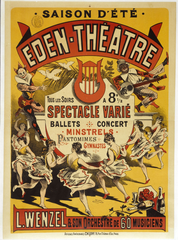Plakat für das Eden Theatre in Paris mit einer lebendigen Illustration von tanzenden Menschen in einem Kreis, mit fetter Schrift und einem hellgelben Hintergrund.