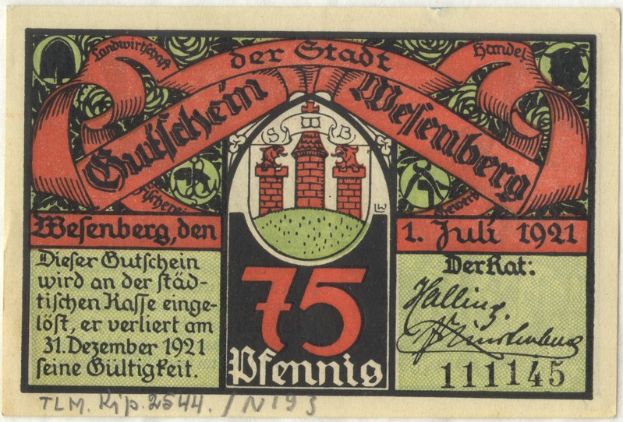 Eine alte deutsche Banknote mit einem Gebäude darauf, mit dem Text 'Bundesliga' und einem Logo unten, auf einem weißen Hintergrund.