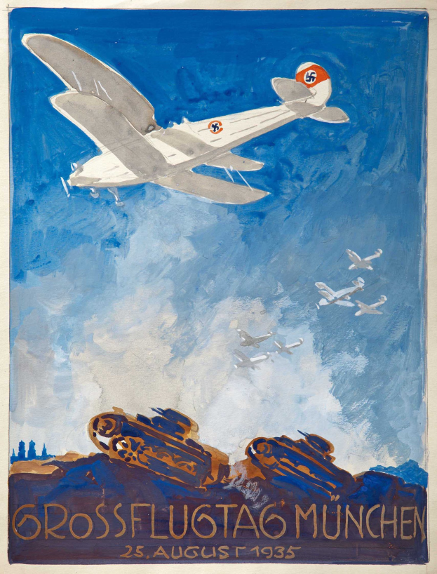 Plakat zum "Grossflugtag München" am 25. August 1935, das ein Flugzeug zeigt, das durch den Himmel fliegt, umgeben von anderen Flugzeugen.