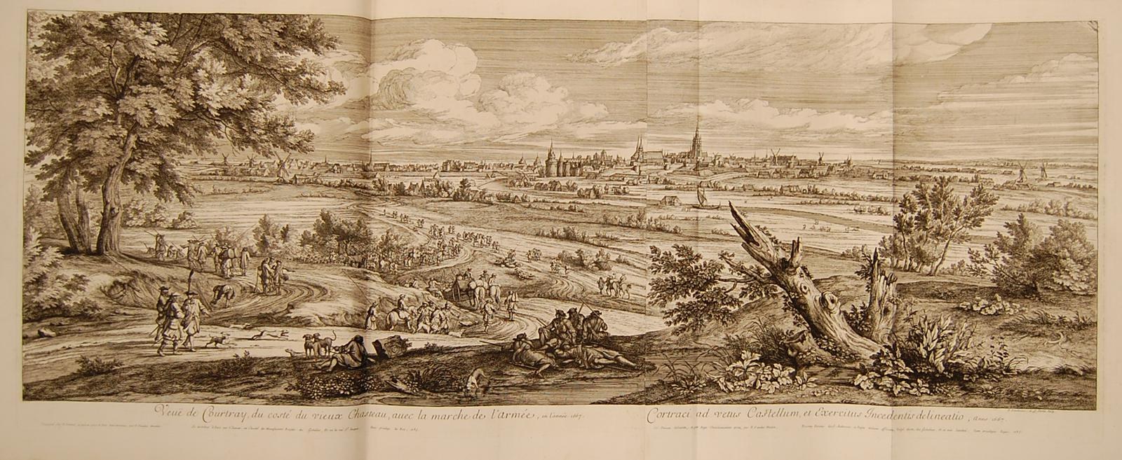 Ein aufgeschlagenes Buch mit dem Titel 'Ansicht der Schlacht von Castellum und Castellium aus der Illustrated London News' mit einer Landschaftsillustration mit Menschen, Bäumen, Pflanzen, Gebäuden und Wolken.