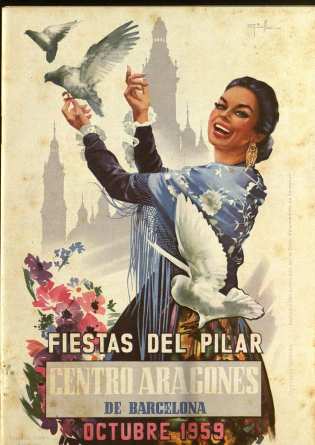 Ein Plakat, das ein Festival in Barcelona, Spanien ankündigt und eine Frau mit einem menschlichen Gesicht zeigt, umgeben von Vögeln und Blumen, mit Gebäuden im Hintergrund und Text.
