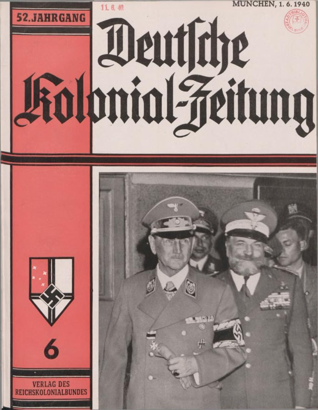 Buchumschlag betitelt 'Deutsches Kolonial-Feitung' vom 11/1940, mit Adolf Hitler umgeben von Menschen mit Mützen.