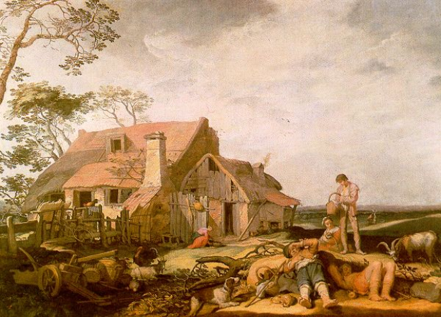 Ein Gemälde mit dem Titel 'Die Farmersfrau' von Jan Brueghel dem Älteren zeigt einen Mann und eine Frau vor einem Reetdachhaus, umgeben von verschiedenen Tieren, einem Karren, einem hölzernen Zaun, Bäumen und einem bewölkten Himmel.
