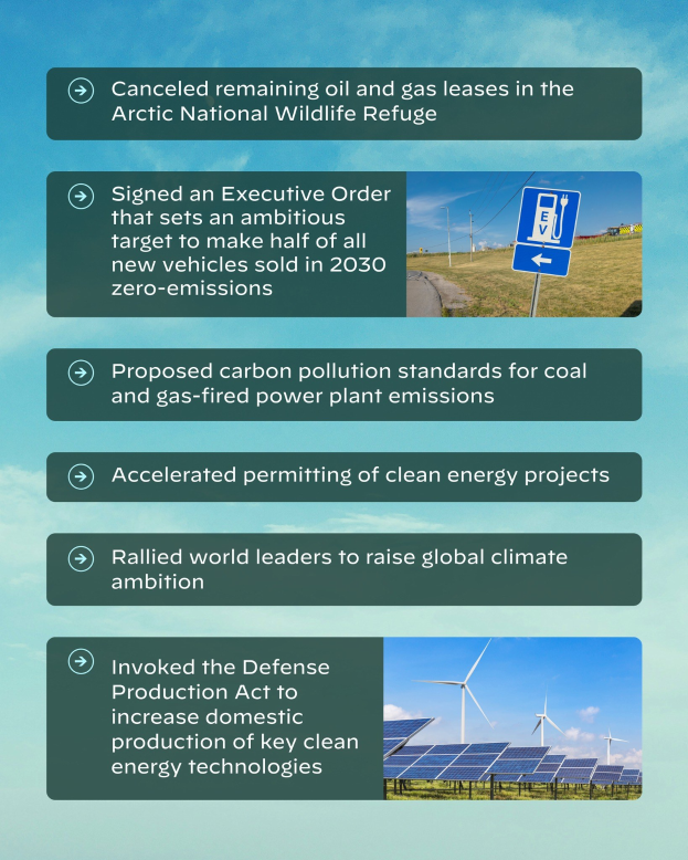 Plakat mit Text und Bildern von Solarpanelen und Windrädern vor einem bewölkten Himmel, auf dem "Abgesagte verbleibende Öl- und Gasförderlizenzen im Arctic National Wildlife Refuge" steht.