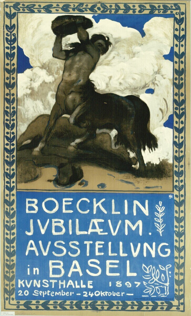 Plakat für ein Konzert in Basel, Schweiz, mit einem Gemälde einer Person und eines Pferdes und Text mit Veranstaltungseinzelheiten.