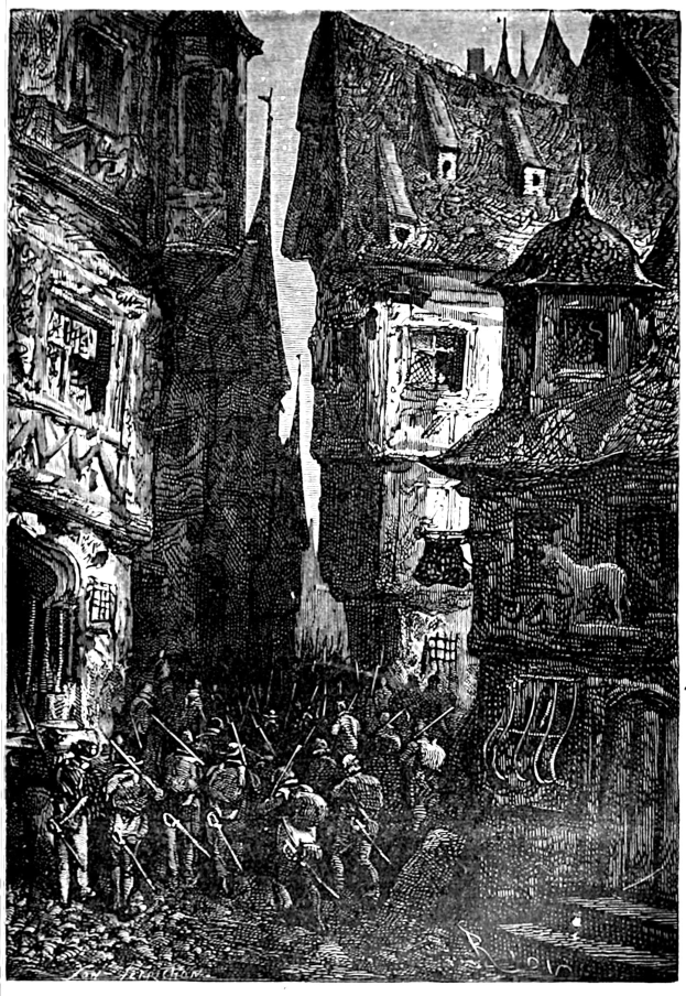 Eine Schwarz-Weiß-Zeichnung einer Straßenszene mit Menschen in der Vordergrund, Gebäuden im Hintergrund und Text unten mit der Aufschrift "Die Schlacht von Stuttgart".