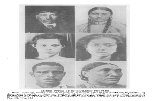 Ein Schwarz-Wei├č-Foto einer vielseitigen Gruppe von Menschen verschiedenen Alters und Ethnien, die alle direkt in die Kamera schauen, mit der Aufschrift 'Verschiedene Typen von Unzivilisierten Menschen' unten auf der Seite.