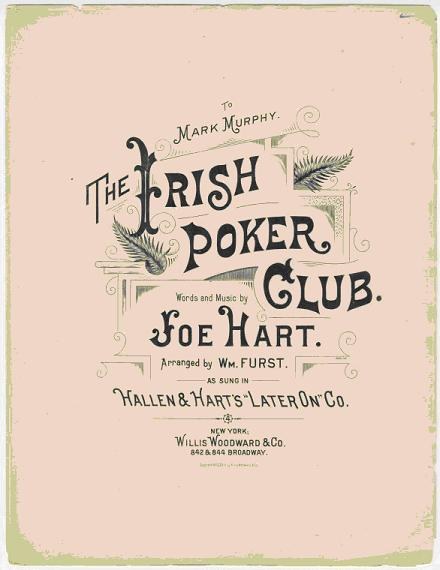 Ein gerahmtes Plakat mit 'The Irish Poker Club' in fetter schwarzer Schrift auf einem weißen Hintergrund, umrandet von einer schmalen schwarzen Linie, mit einer bunten Kleeblatt-Illustration.