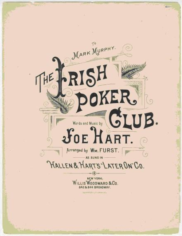 Ein gerahmtes Plakat mit 'The Irish Poker Club' in fetter schwarzer Schrift auf einem weißen Hintergrund, umrandet von einer schmalen schwarzen Linie, mit einer bunten Kleeblatt-Illustration.
