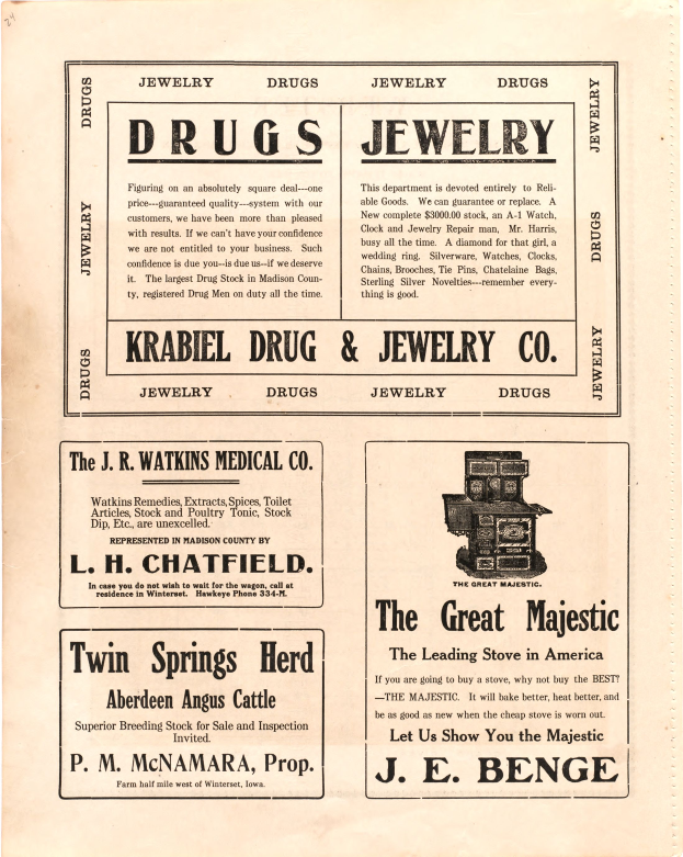 Eine alte Werbung für eine Drogerie und Juweliergeschäft, das ein Katalog mit Text und Bildern verschiedener aufgelisteter Artikel zeigt.