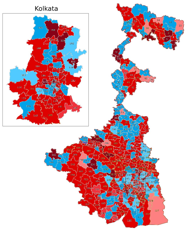 Eine Karte von Kolkata, Indien, mit Farbverläufen, die die Bevölkerungsdichte anzeigen, mit der Überschrift "Kolkata Wahl-Ergebnisse" oben.