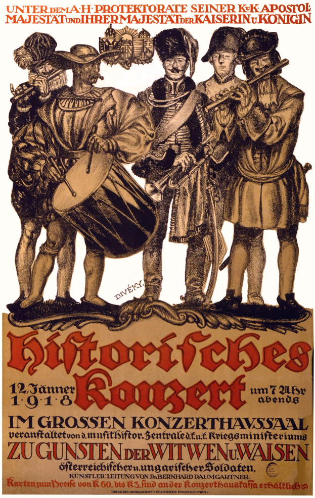 Plakat für ein Konzert mit einer Gruppe von Männern in bunten Kleidern, die Trommeln, Trompeten und Gitarren spielen, mit Text, der das Ereignis beschreibt.