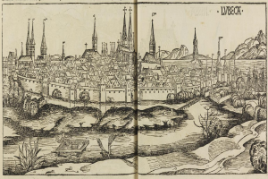 Offenes Buch mit einer detaillierten Illustration aus dem 16. Jahrhundert von Lwiw, Ukraine, das Gebäude, Bäume, Pflanzen, Wasser und Text zeigt.