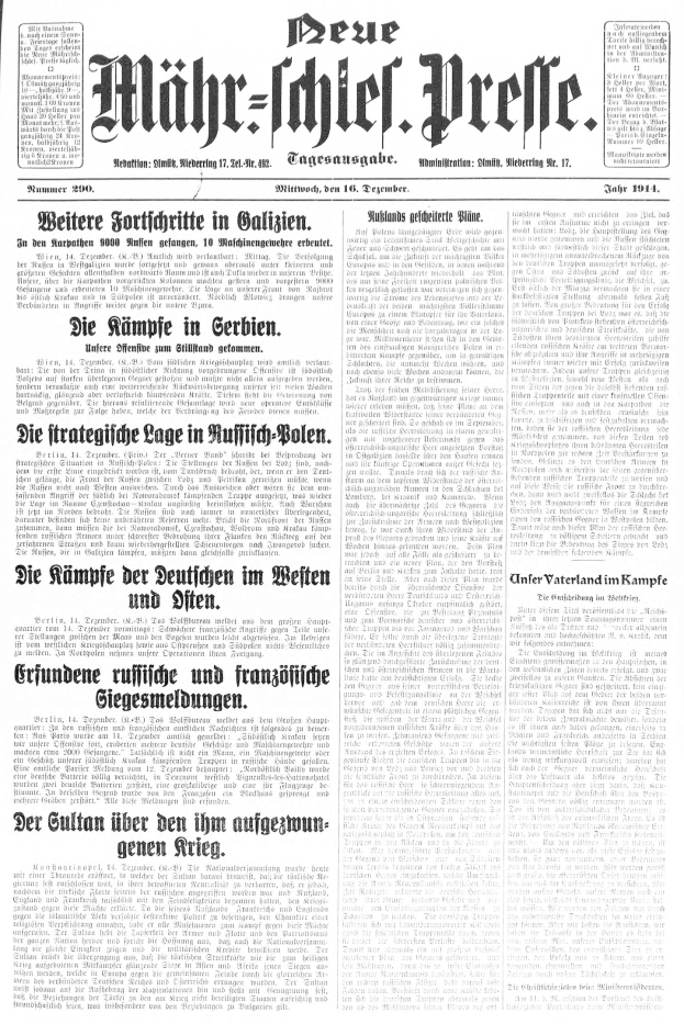 Titelseite einer deutschen Zeitung vom 18. September 1914, Band 1, Nr. 1, mit einem Schwarz-Weiß-Bild eines Mannes im Anzug und Krawatte.