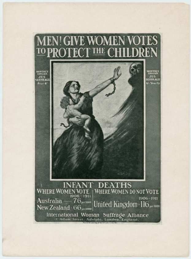Ein schwarzes und weißes Plakat mit einer Frau in einem weißen Kleid, die ein Baby hält, mit der Aufschrift "Männer geben Frauen Stimmen, um die Kinder zu schützen" oben.