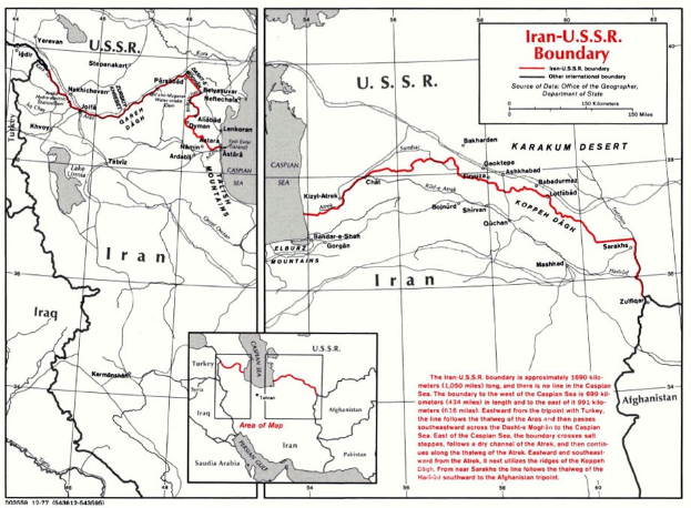 Detailierte Karte der iranisch-sowjetischen Grenze mit geografischen Merkmalen und Landesgrenzen, begleitet von erklärendem Text.