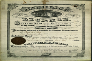 Ein gerahmtes Ohio-Eheurkunde mit Text und einem Bild, das einen klassischen und zeitlosen Look hat.