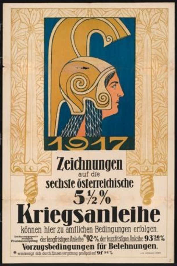 Plakatankündigung eines Konzerts in Berlin, Deutschland im Jahr 1917 mit einer Frau in einem Helm, die ein Schwert hält, und Text darauf