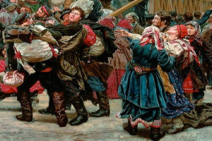 Gemälde, das eine lebhafte Gruppe von Menschen in traditioneller russischer Kleidung zeigt, die Gegenstände halten und vor einer Menge tanzen, mit einem hölzernen Haus im Hintergrund, das eine Szene aus der russischen Revolution evoziert.