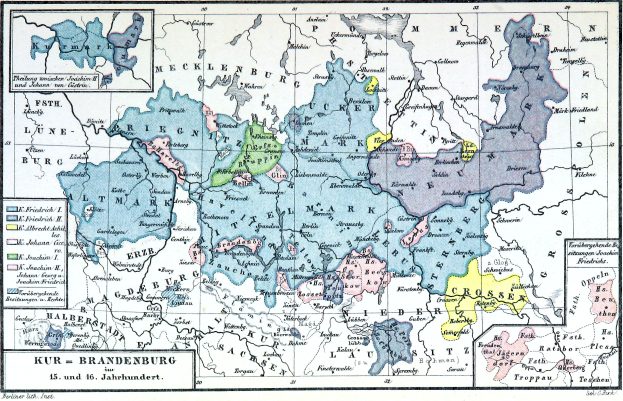 Eine detaillierte Deutschlandkarte mit der hervorgehobenen Provinz Brandenburg, die Städte, Ortschaften und geografische Merkmale zeigt, zusammen mit Textinformationen zu Provinzen und ihren Hauptstädten.