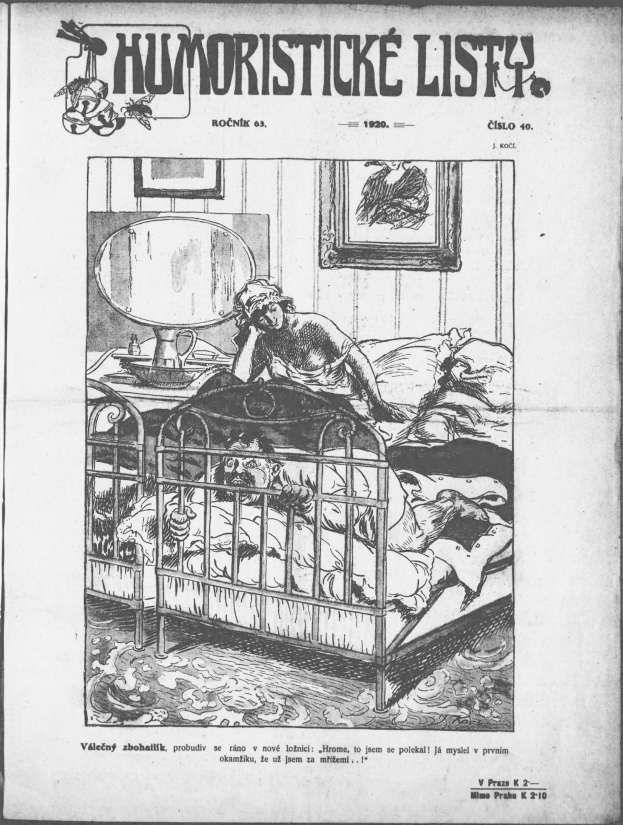 Schwarz-weiß-Zeichnung einer Person, die auf einem Bett liegt, mit einem Spiegel auf dem Nachttisch und einem Rahmen an der Wand, begleitet von Text, der "humoristicke list - czechoslovakia - april 20, 1920" an der Ober- und Unterseite liest.