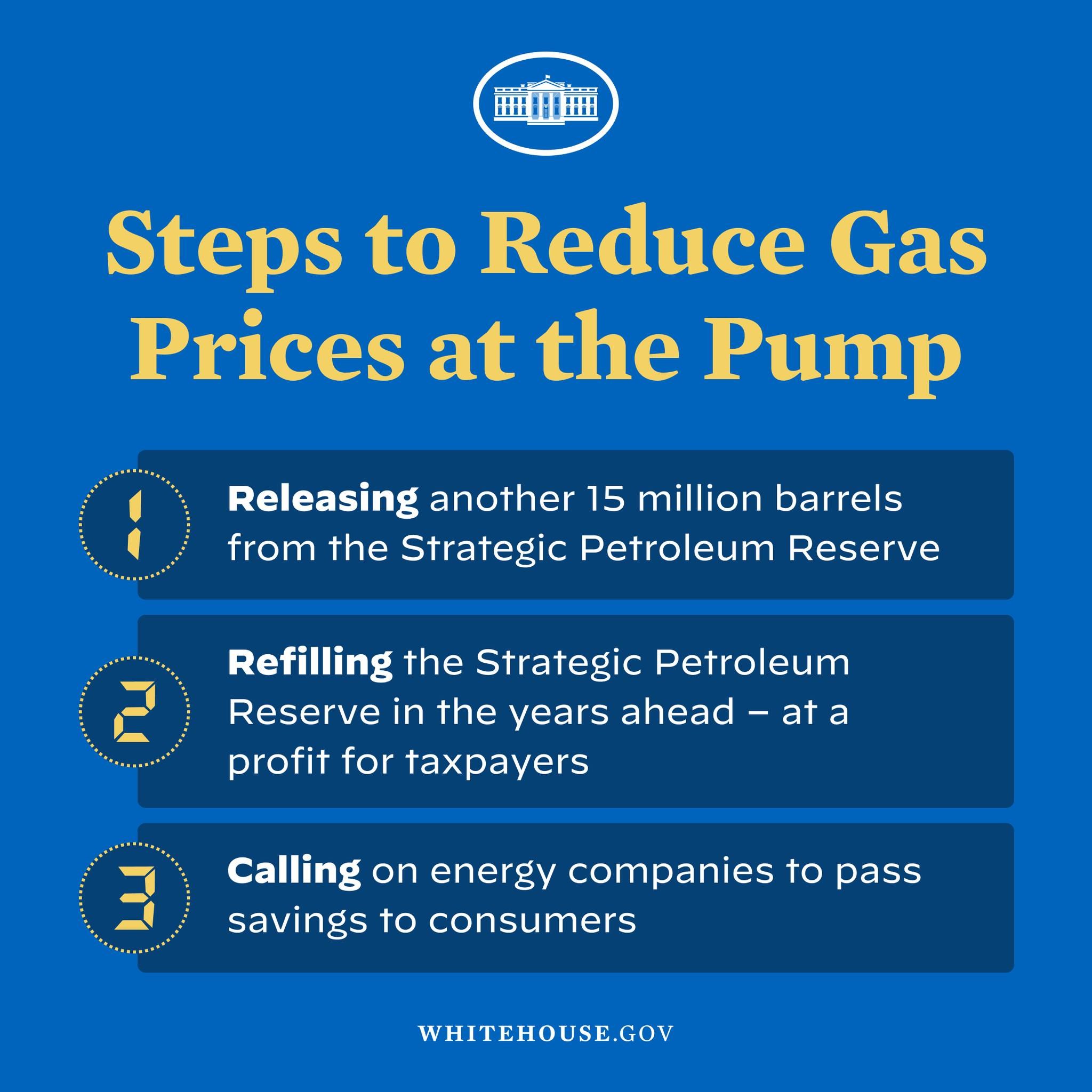 Plakat mit vier Schritten zur Reduzierung der Benzinpreise, mit blauem und weißem Tankstellenlogo, unterteilt in beschriftete Abschnitte mit fetter Schrift.