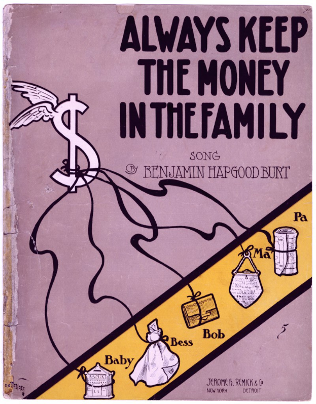 Plakat mit fetter schwarzer Schrift "Immer das Geld in der Familie lassen" auf einem weißen Hintergrund, das eine bunte Illustration einer strahlenden Familie von vier zeigt, die in einem Kreis unter einem hellblauen Himmel mit weißen Wolken steht.