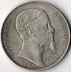 Silbermünze aus Italien, 1859, mit dem Bildnis eines bärtigen Mannes und der Aufschrift "Vittorio Emanuele II" auf einem weißen Hintergrund.