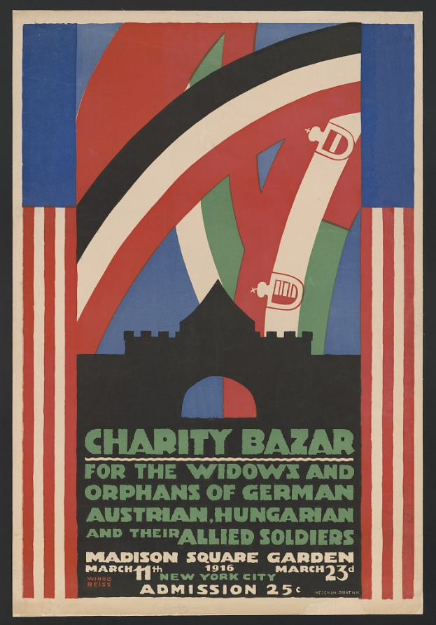 Ein Plakat für einen Wohltätigkeitsbasar zugunsten der Witwen und Waisen von Soldaten verschiedener Nationen, mit Text zu den Veranstaltungdetails.