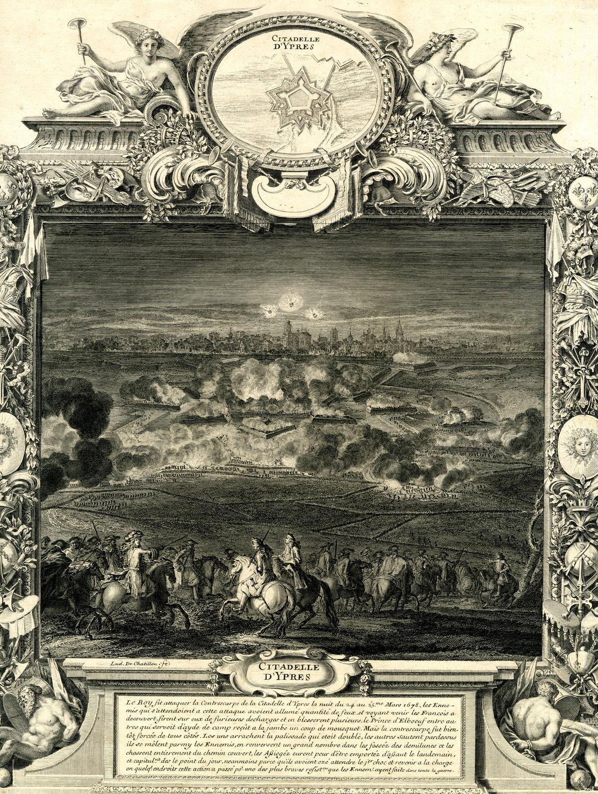 Eine schwarz-weiße Gravur eines Bilderrahmens mit einer Stadtlandschaft und Skulpturen von Menschen, Pferden und anderen Gegenständen sowie Text unten.